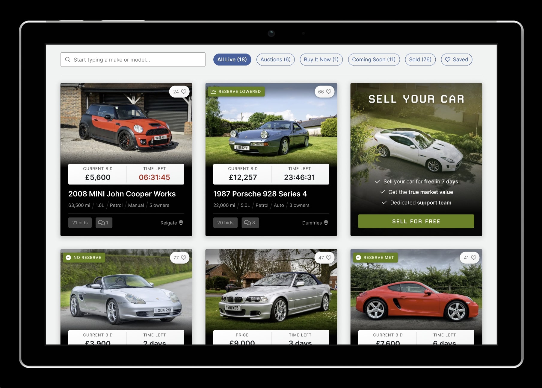 Auction listings on the new auction landing page design