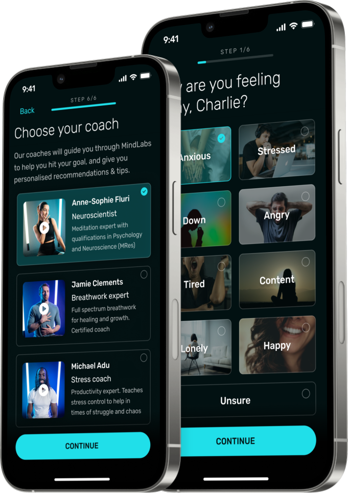 Screen design for new onboarding steps to customise how you feel and choose a coach