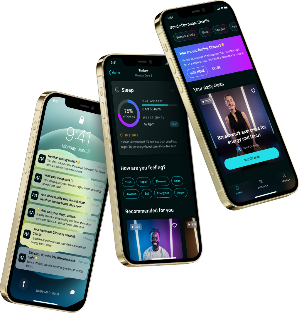 Designs for insight-driven notifications and personalised data-driven home screen and recommendations.