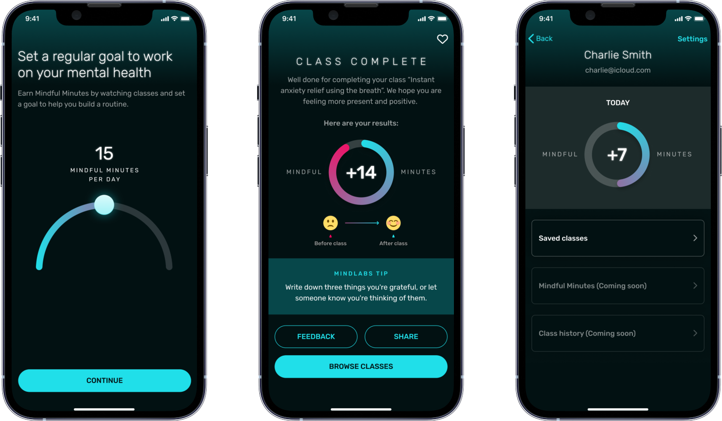 Screen design for the new onboarding steps, class results, and profile