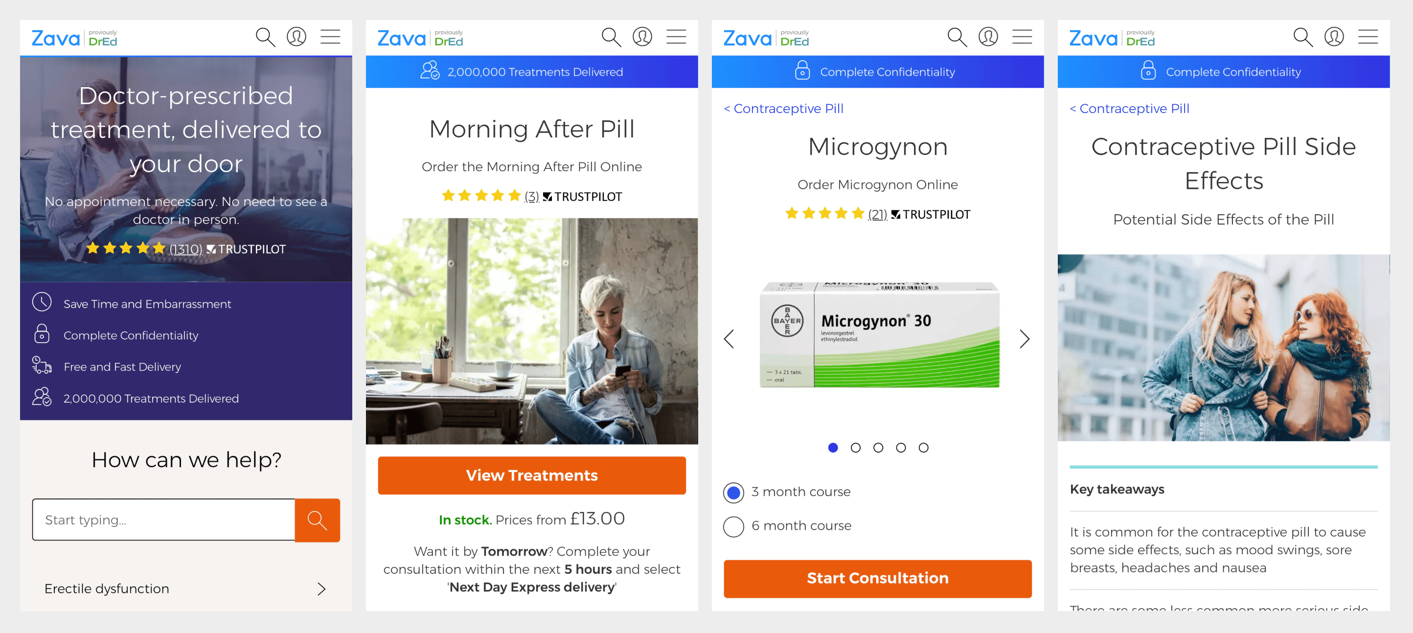 Zava home and product page designs